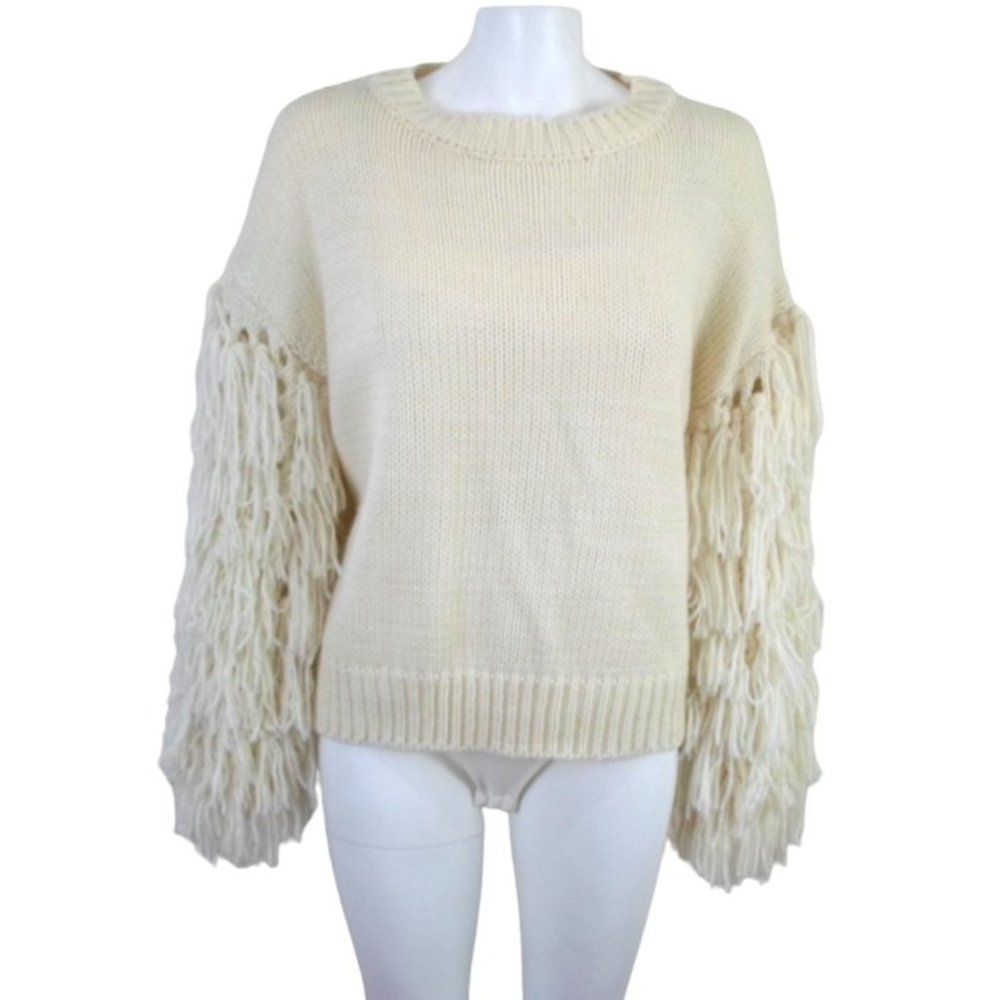 Blue B Fringe Sleeve Sweater Ivory Acrylic Knit Crew Neck